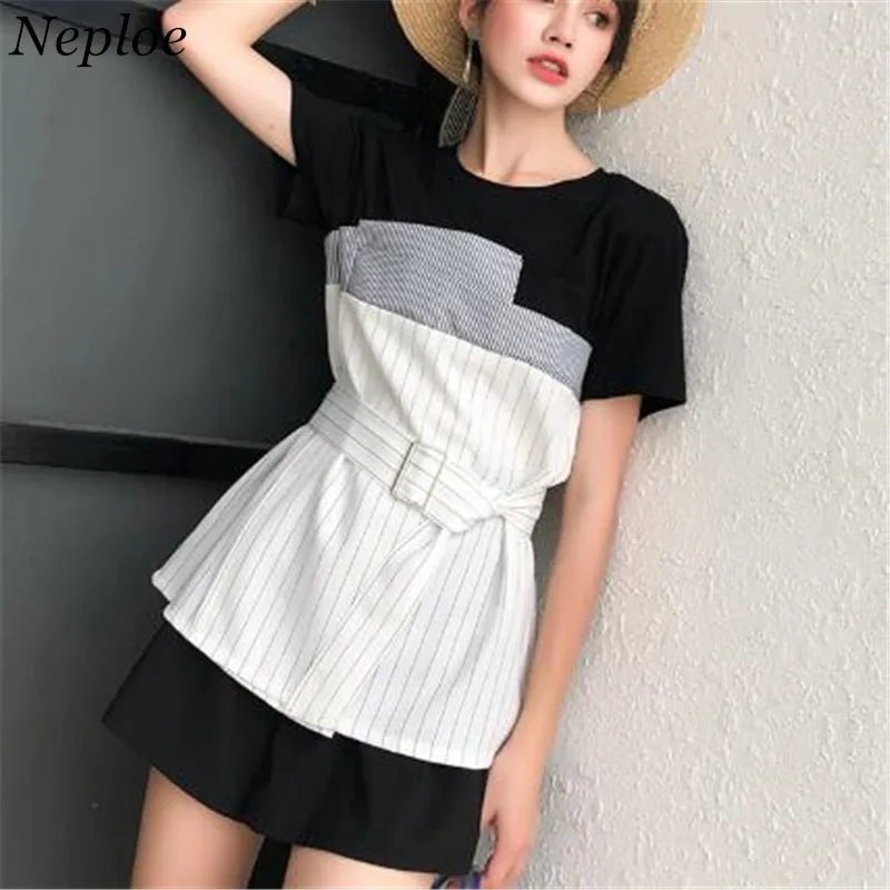 Женские лоскутные Футболки с коротким рукавом и круглым вырезом Neploe необычные