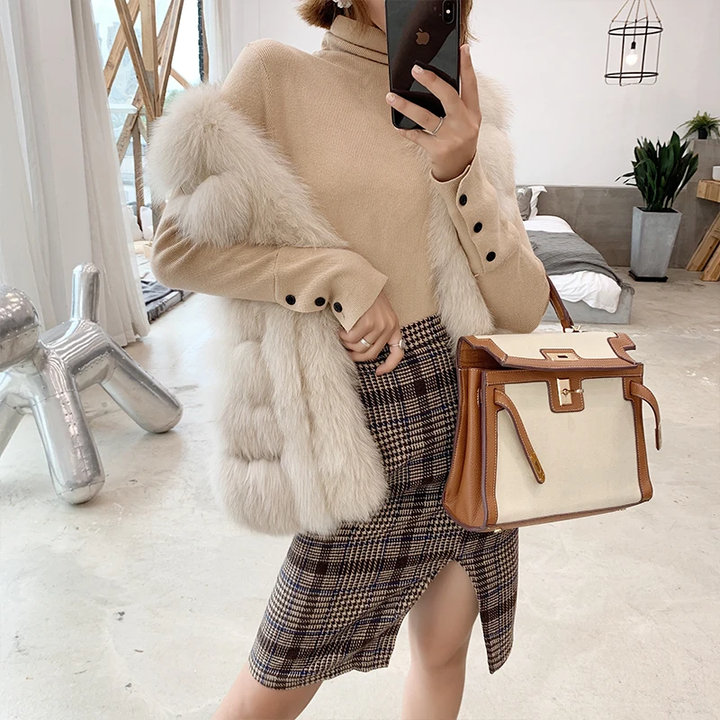 Cream-colored Женская одежда, зимняя натуральная женская новая полностью кожаная жилетка из лисьего меха, длинная стильная шуба 1013 - Цвет: Cream-colored