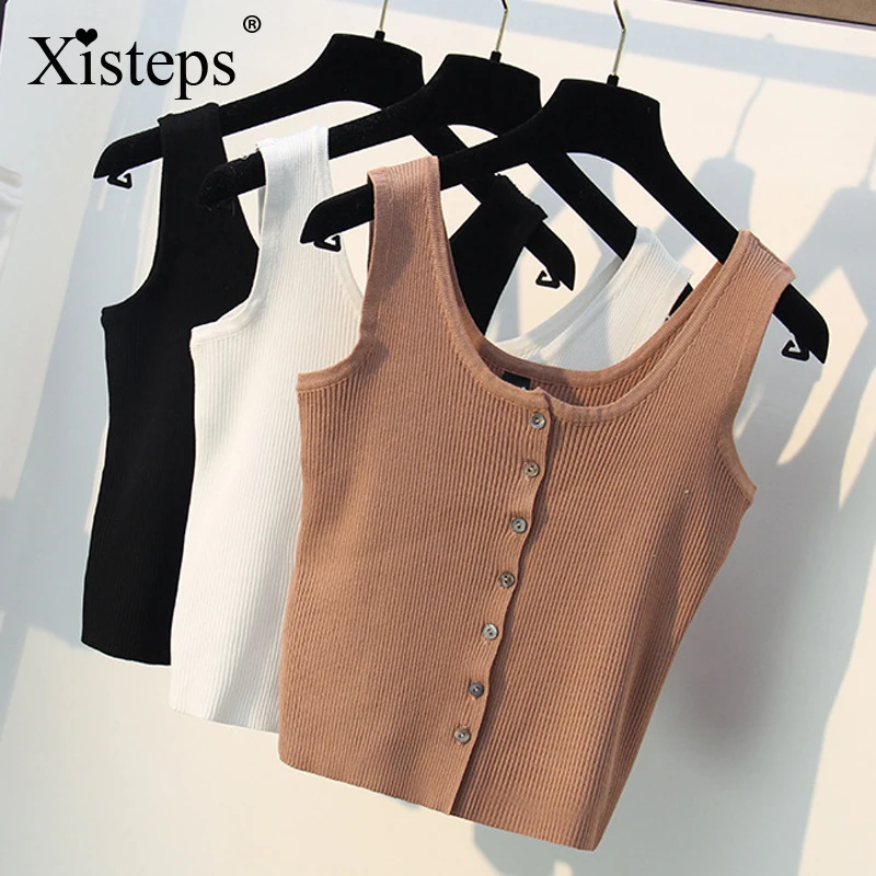 

Xisteps Sexy Knitted Buttons Women Short Tank Top Camisole Female Casual Summer Spring Stretch Shirt Tops 2019 Tees
