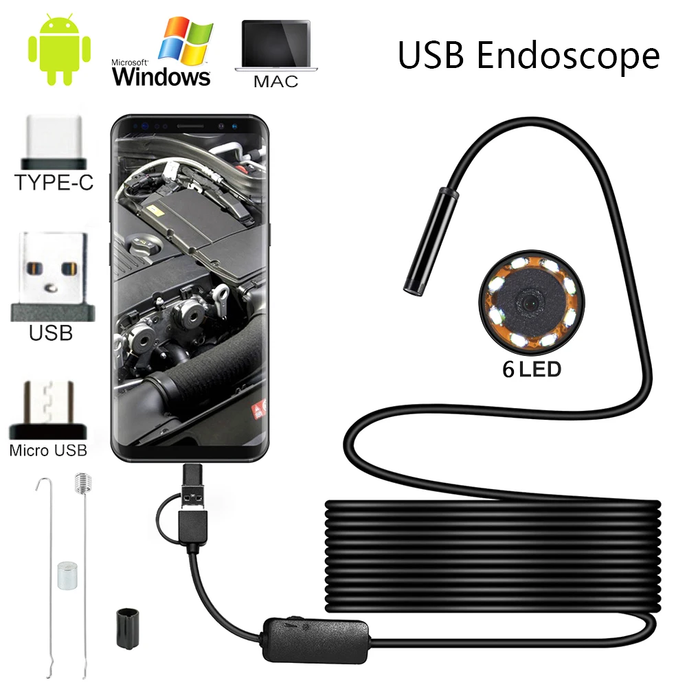 Câmera para Android Mini Câmera Endoscópio 2m 1m 3.5m 5m 10m Flexível Cabo Rígido Cobra Borescope Inspeção Smartphone pc Usb 7mm 9 High Quality Segurança e Proteção