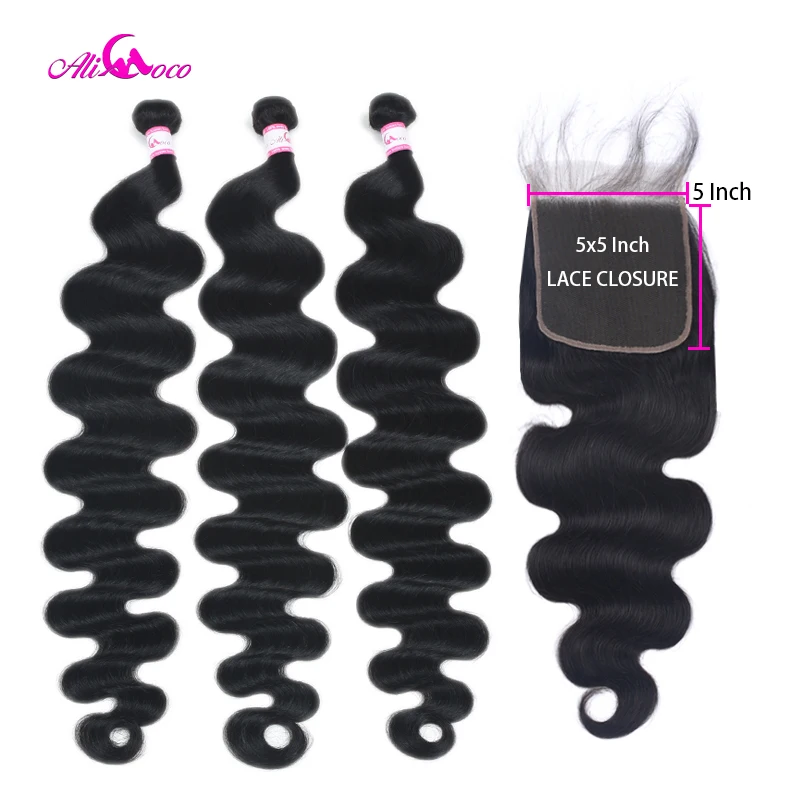 

Ali Coco 3 Bundles With 5X5 Lace Closure Brazilian Body Wave With Lace Closure 8-40 Inch Human Hair Bundles Remy Hair Extensions