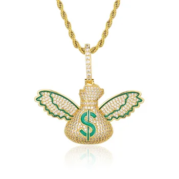 

Hip Hop Money Bag With Wings Pendants Puunk Necklace Iced Out Bling Cubic Zircon Men'S Rapper Jewelry
