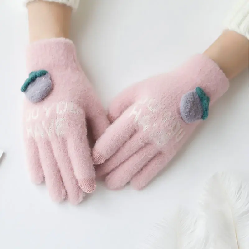 Зимние теплые перчатки на палец с милыми фруктовыми рисунками, декоративные ветрозащитные, морозостойкие вязаные перчатки ручной работы для женщин и девушек