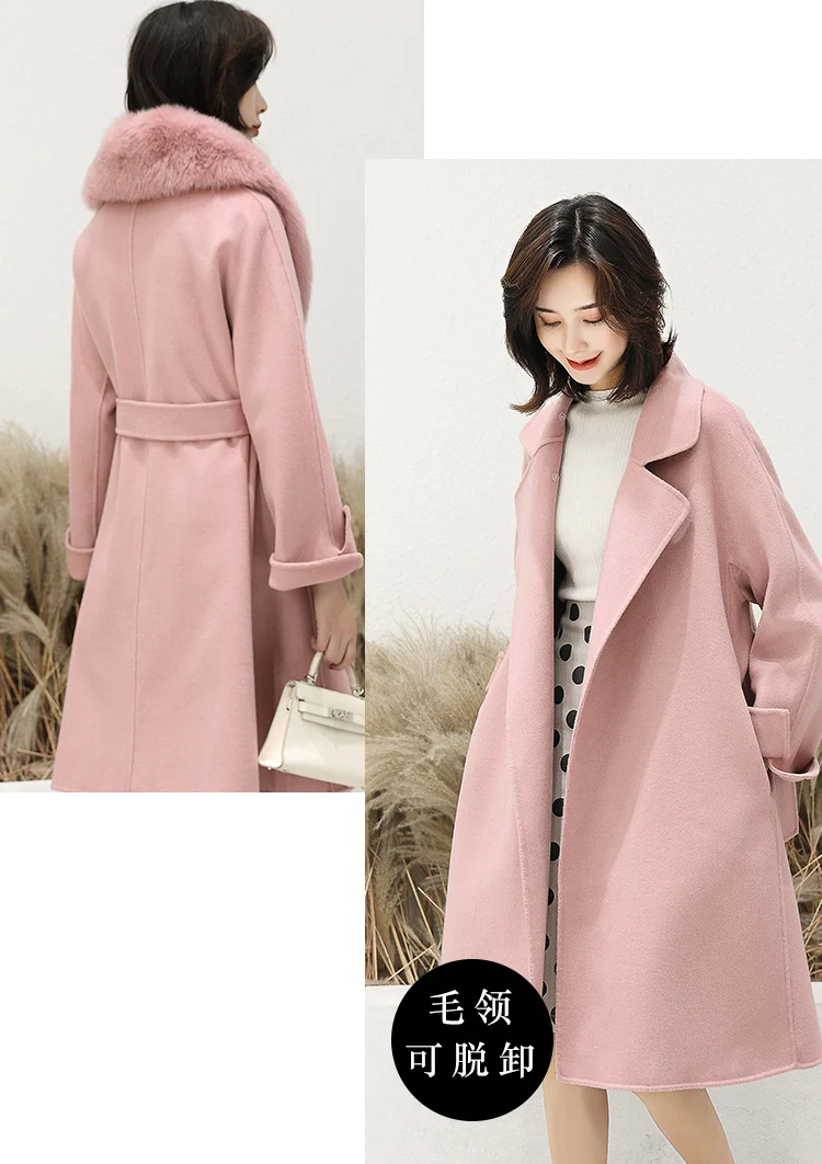 Sale Women 2019 Winter Natural Fox Fur Collar Double-Sided Wool Blends Coat Female Thicken Warm Sheep Shearing Long Overcoat 10