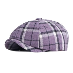 Autumn Winter Newsboy Cap for Men Women Plaid 50% Wool Tweed Gatsby Octagonal Caps Cabbies Driver Hat Elastic Stripe Vintage Ivy