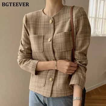

BGTEEVER Vintage Chic O-neck Pockets Women Plaid Blazer Autumn Single-breasted Full Sleeve Female Suit Jackets Casual Outwear