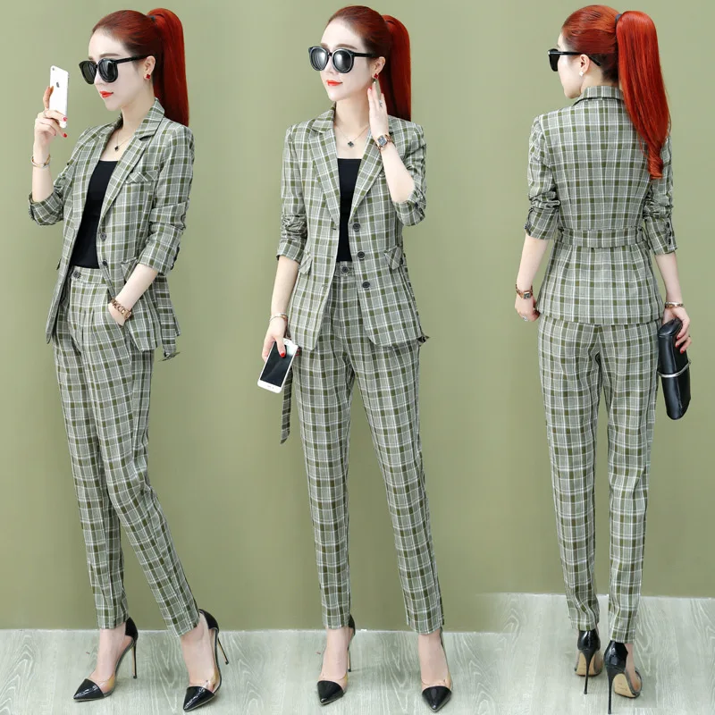 

Fashion Retro Plaid Small Suit WOMEN'S Suit 2019 Autumn New Style Korean-style Elegant Suit Coat Two-Piece Set Fashion