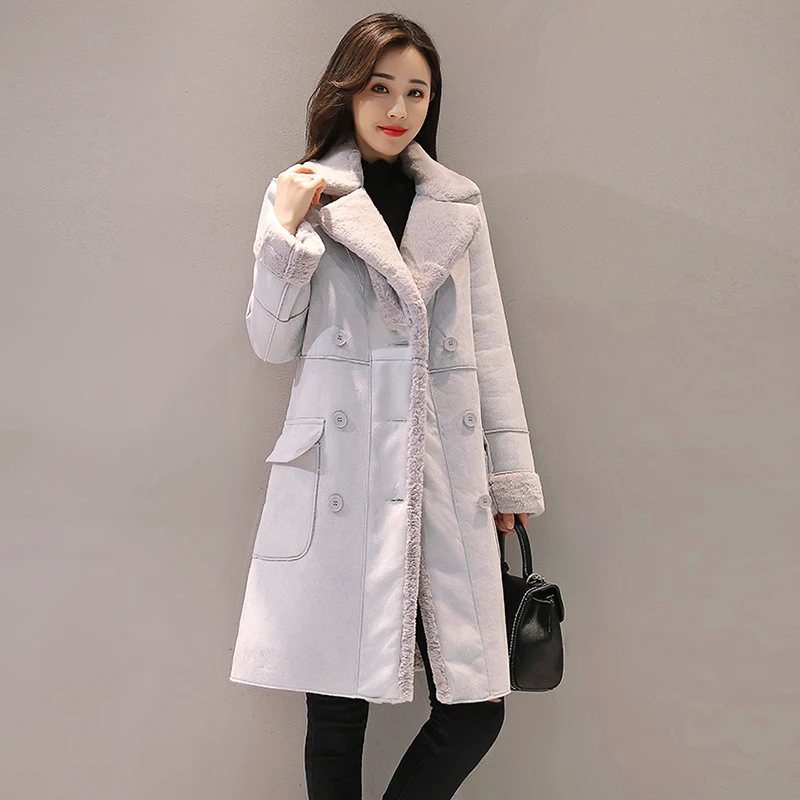 Зимняя женская куртка, замшевое меховое зимнее пальто, модная Толстая длинная куртка из искусственной овчины, пальто для женщин, одноцветные теплые тренчи - Цвет: gray