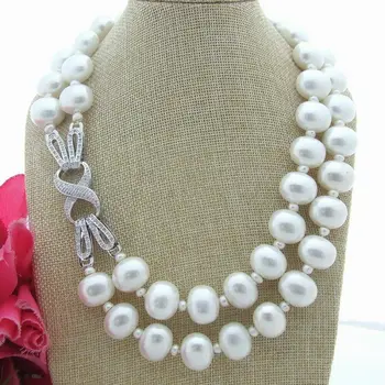 

Hand knotted 2strands white freshwater pearl and shell necklace sweater chain long 53-58cm fashion jewelry
