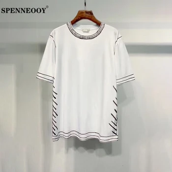 

SPENNEOOY Designer Custom Runway Summer Women White/Black Short Sleeve T Shirt Tops Ladies Striped Print Fashion Casual Tees