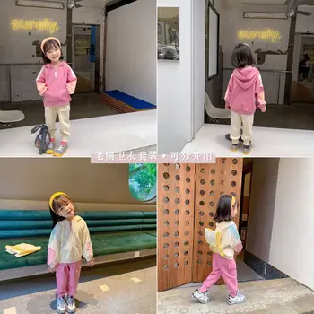 

2020 autumn new girls leisure loose long sleeve fleece sweatshirt and pants two piece sets fleece children clothes