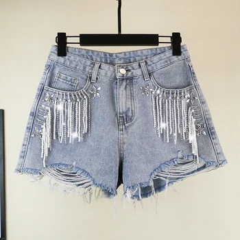 

[EWQ] 2020 Spring Summer New Pattern Denim Patchwork Tassel Pockets Vintage Loose Short Women Fashion Tide AK67805.2XL