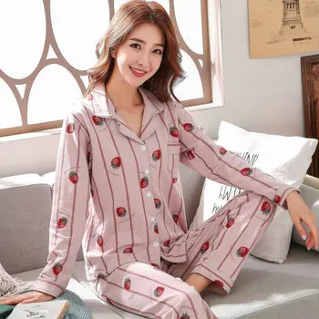 

Ladies cardigan lapel trousers can be worn two-piece cartoon long-sleeved pajamas cotton autumn and winter home service M-XXL