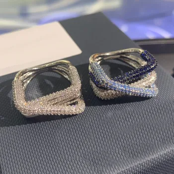 

UMGODLY High Quality Fahsion Ring Silver Color Navy Blue and Lagoon Crossed Rectangle Geometric Finger Ring Women Luxury Jewelry