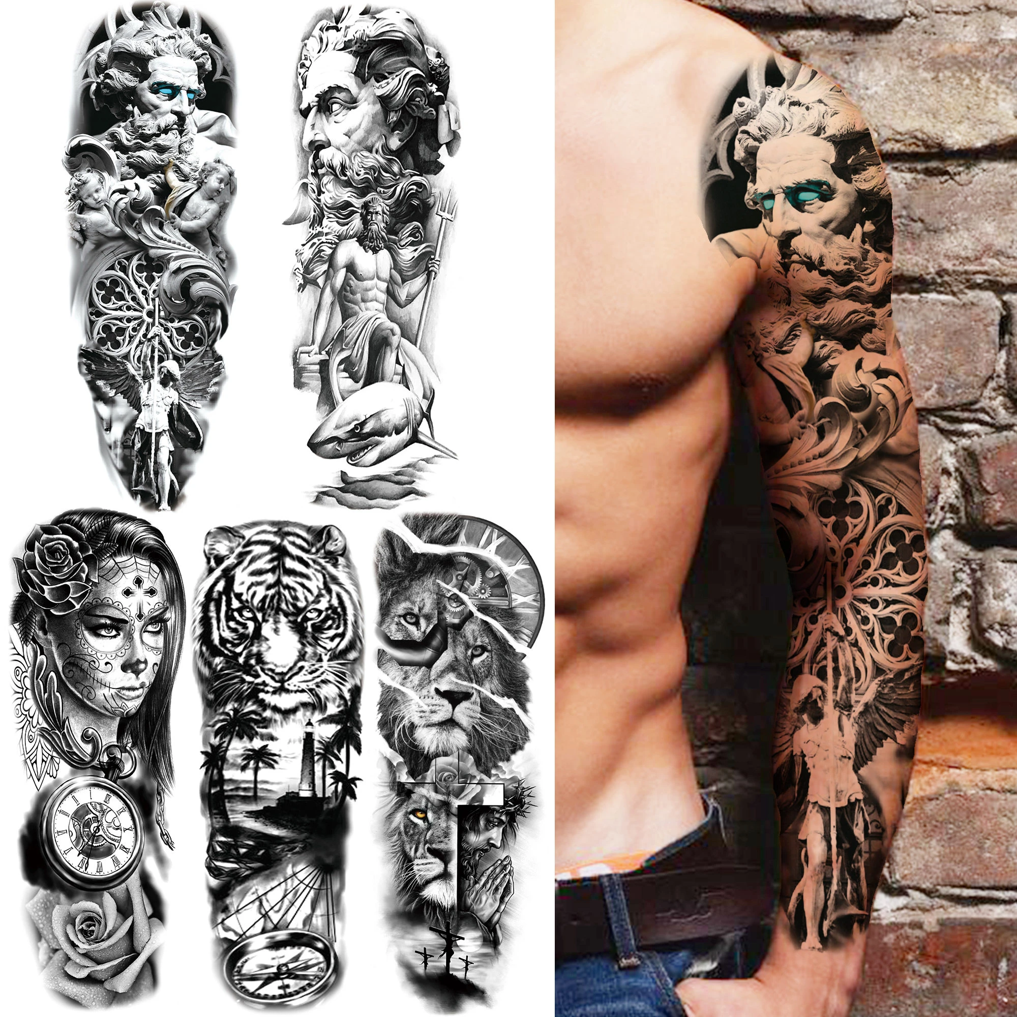 Large God Greek Mythology Warrior Temporary Tattoos Arm Sleeve For Men