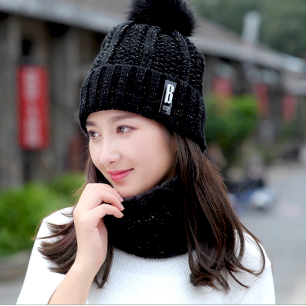 2 шт., женская зимняя уличная шапка+ шарф-кольцо, одноцветная меховая теплая вязаная шапка, вязаная крючком, помпон, набор из шапки и шарфа