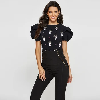 

ADYCE 2020 T-shirt Women Summer Black Vogue Diamond O-Neck Lady Casual T-shirt Tops Harajuku Streetwear Puff Short Sleeve Tops