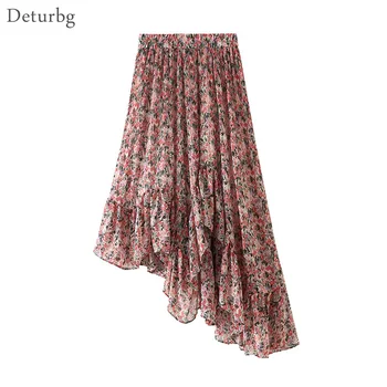 

Women's Sweet Ditsy Floral Print Chiffon Skirt Female Korean High Waist Asymmetrically Ruffled Midi Skirts 2020 Summer SK534
