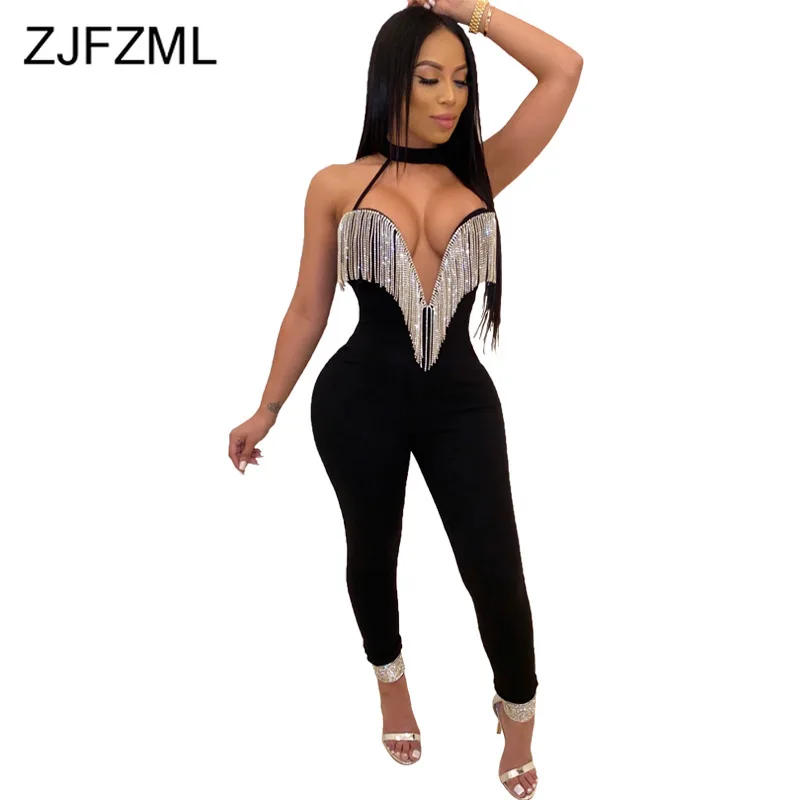 

Sexy Sequin Tassels Rompers Womens Jumpsuit Sleeveless Halter Bodycon Playsuits Party Clubwear Low-Out Long Bandage Overalls