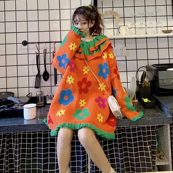 

Autumn Winter Sweater Women Oversize Floral Printed Sweater Ruffles Neck Knitting Jumper Pullover Tops Casual Loose Knitwear