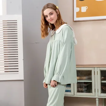 

Autumn New Cotton Pajamas Suit Long-sleeve Round Neck Cardigan Stitching Pyjamas Sweet Loose Home Princess Nightwear 2pcs Set