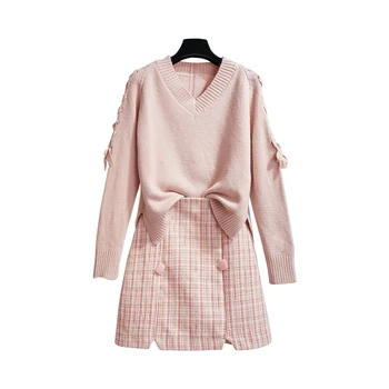 

V Neck Pullover Sweater& Grid Skirt Women Suits Two Piece Clothing Set Vestido Fashion Outfit Knitted Clothes High Quality Top