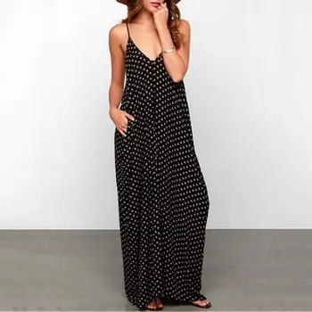 

Summer Bohemian Women Polka Dot Print V Neck Pockets Spaghetti Strap Maxi Dress
