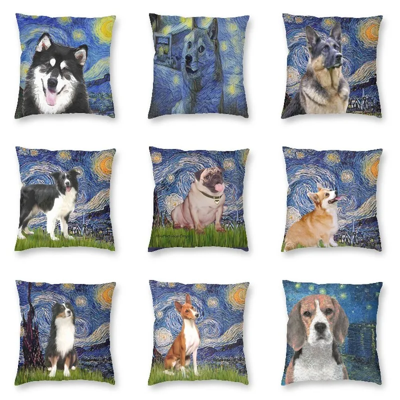 

Modern Alaskan Malamute Starry Night Van Gogh Cushion Cover Soft Oil Painting Dog Pillow Case Decoration Home Decor