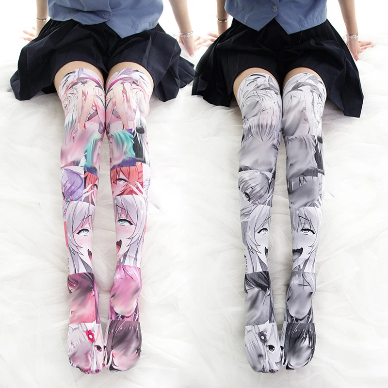 

Colorful / Black & White Comic Printing Over-knee Stockings Velvet Women Girls Stockings Easy Match Summer Good Quality