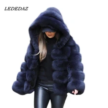 Модное меховое пальто с капюшоном размера плюс средней длины Женское пальто из искусственного меха черное синее серое плотное и теплое зимнее пальто с длинными рукавами