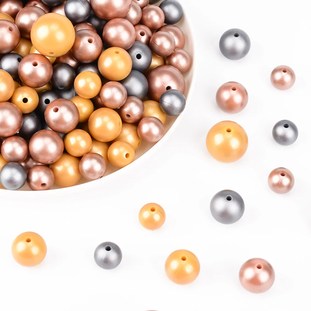 Silicone Beads 10Pcs Metallic Silver/Gold Print 12/15/19mm Copper Print Teething Beads DIY Jewelry BPA Free Pacifier Clip Making