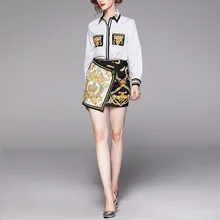 Zpqowv модный дизайнерский комплект, весна-лето, женская рубашка с длинным рукавом, украшенная бисером и кристаллами, топы+ Асимметричные шорты, костюм из двух предметов