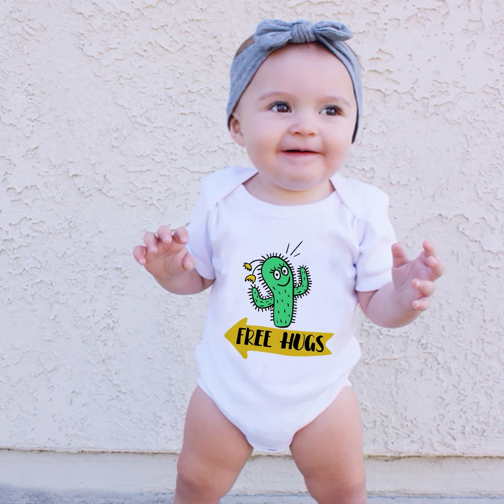 

Free Hugs Funny Cactus Print Cartoon Baby Bodysuits Casual White Infant Outfits Fashion Cute Newborn Boy Girl Clothes 0-24 Month