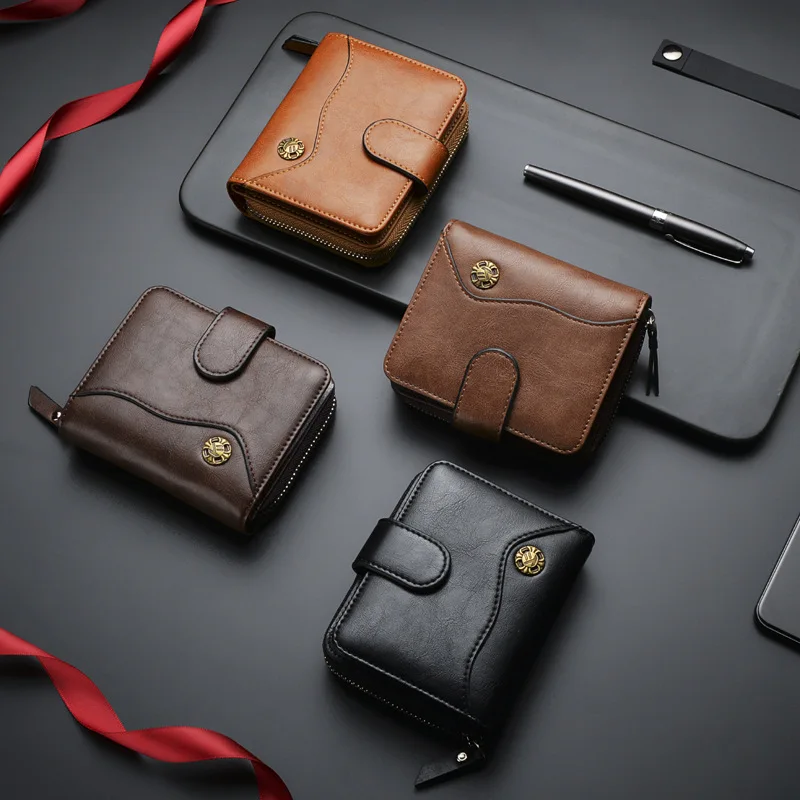 

Top Brand Luxury Mens Wallets and Purses Leather Short Wallet Multi-function Retro Male Fashion Zipper Coin Purse Cartera Mujer