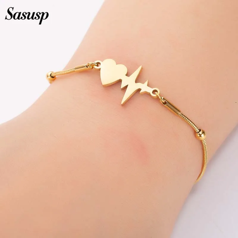 

Sasusp Cute Heart Stainless Steel Bracelet For Women Birthday Gift Female Romantic Bracelets Bangles Jewelry Femme Adjustable