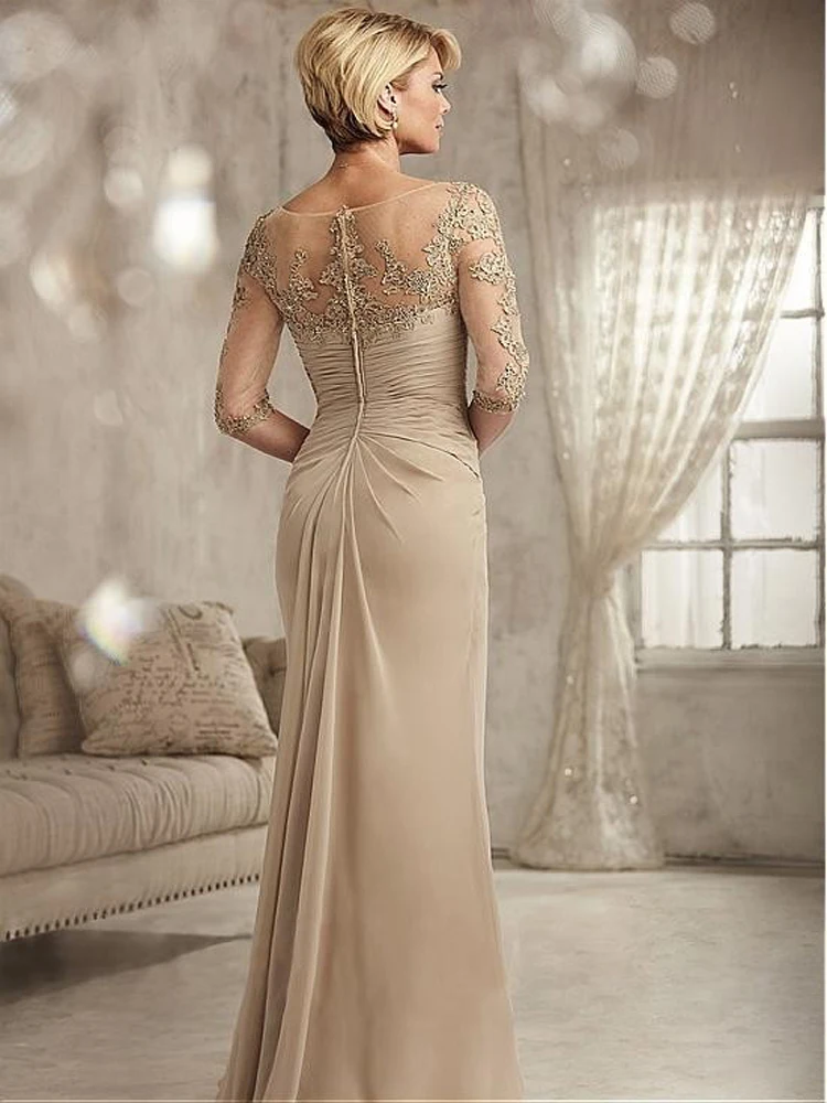 Beaded Lace Champagne Mother of The Bride Dresses  2020 Chiffon Half Sleeves Groom Godmother Evening Dress For Wedding Gift (1)