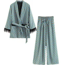

2022 Blue Printed Kimono Jacket with Feather Sleeves Wide Leg Loose Cuasal Trousers Women Vintage Clothing Suits latest