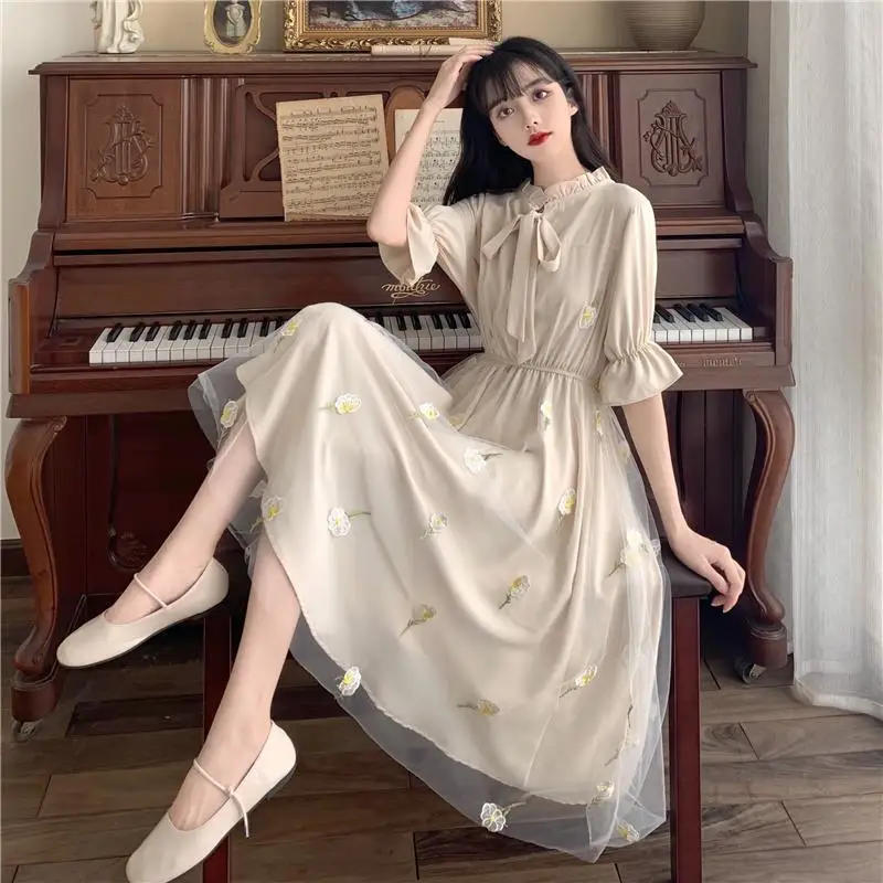 

Long Sleeve Dress Women Patchwork Bow Collar Embroidery Elegant College Trendy Casual Holiday Ulzzang Empire Sweet Fall Apricot