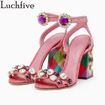 

2020 Summer New Sandals Women Luxury Gemstone Ankle Buckle Chunky High Heels Shoes Sweet Dress party shoes Plus Size Shoes Woman