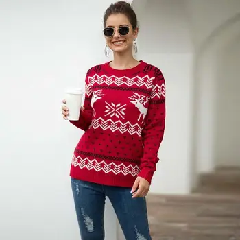 

2019 Autumn Women Print O-Neck Knitted Jumpers Female Pullover Sweater Fashion Long Sleeve Tops