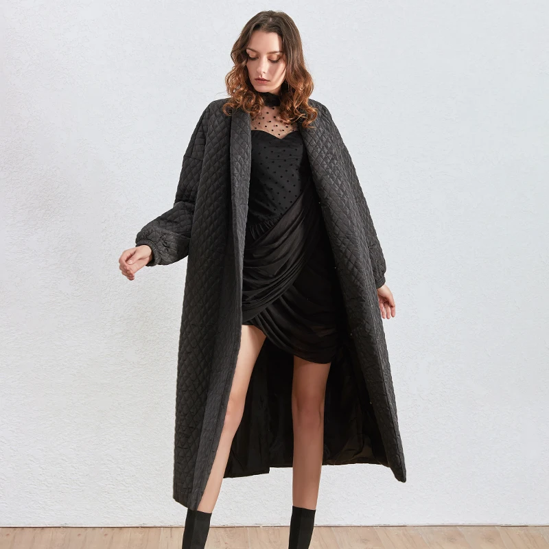 TWOTWINSTYLE Argyle хлопковое пальто для женщин, воротник с лацканами, фонарь, длинный рукав, Свободная Женская парка, одежда, Зимняя мода, новинка