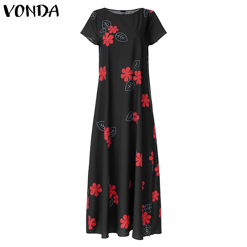 VONDA с цветочным принтом Макси длинное платье женский сарафан Летняя футболка с круглым вырезом короткий рукав вечерние свободное платье плюс Размеры Vestido - Цвет: Черный