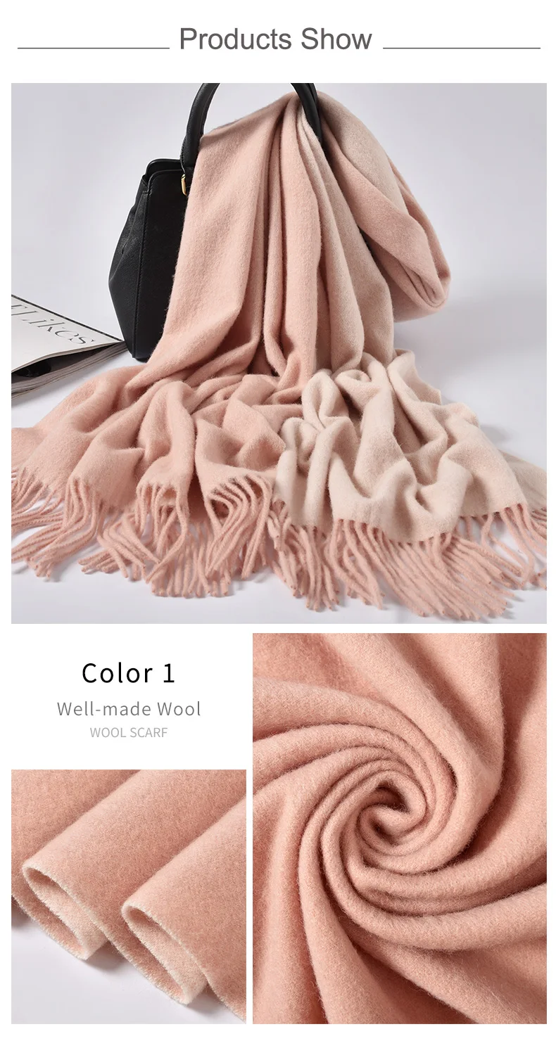 Женский чистый шерстяной шарф розовый двусторонний брендовые Теплые шали и обертывания для дам Твердые Warps зимние шерстяные шарфы