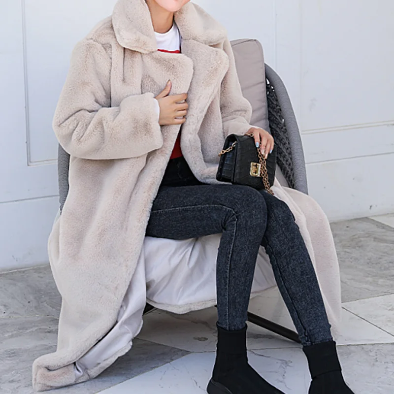 Высококачественное длинное пальто из искусственного кроличьего меха, Женское зимнее плотное теплое однотонное пальто с отворотом, Женское пальто, модная новая верхняя одежда - Цвет: Apricot
