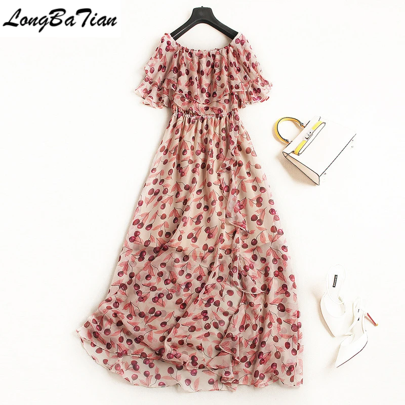 Long Print Chiffon Women Ruffles Contrast Color Patchwork Cherry Pattern Casual Female Summer Dress | Женская одежда