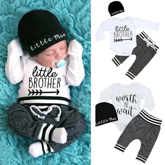 Newborn Infant Baby Boy Clothes Sets 3pcs Little Brother Long Sleeve Romper Pant Hats  1