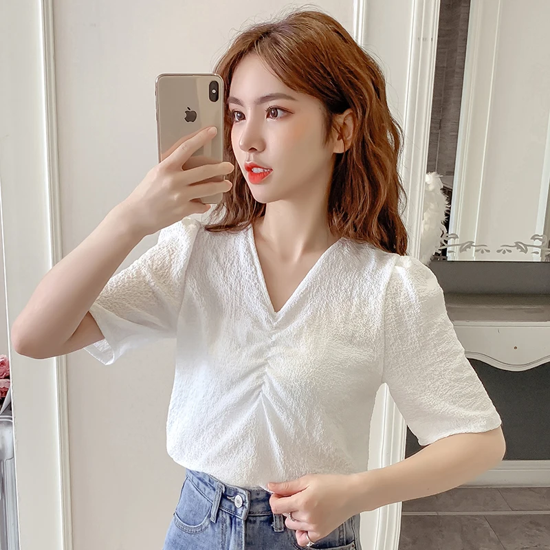 

COIGARSAM Short Sleeve blouse women New Pleated blusas womens tops and blouses White Yellow 3035