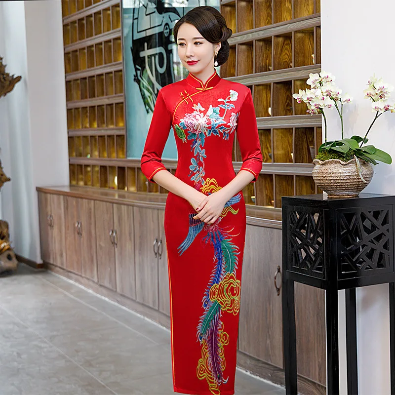 Red Винтажное китайское традиционное женское велюровое цветочное Qipao Мандарин воротник Cheongsam Новинка китайское торжественное платье размера плюс 4XL 5XL - Цвет: Red