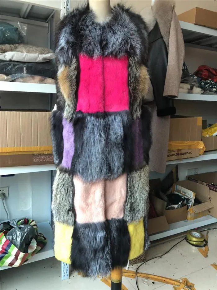 115 см Подиум стиль натуральный мех пальто осень зима теплый натуральный Лисий мех с норковым мехом длинный жилет для женщин