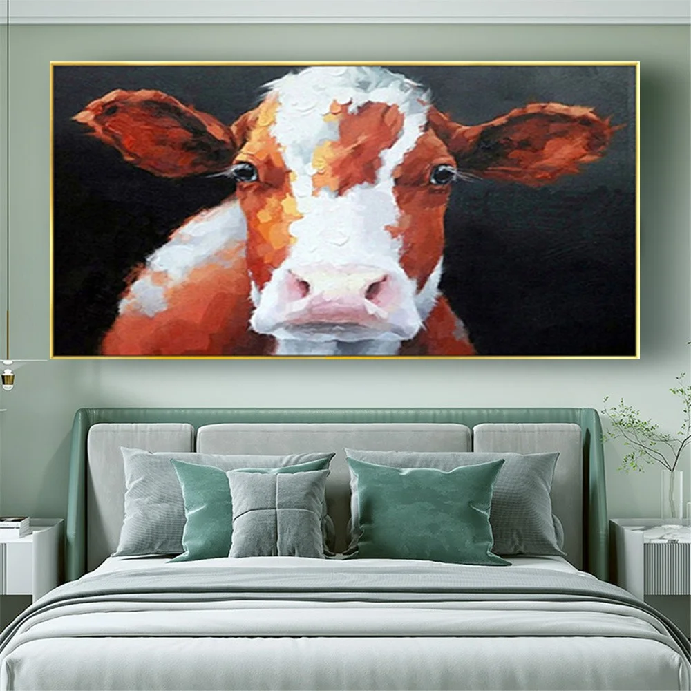 

100% Hand-Painted Large Oil Painting Modern Brown Cattle Canvas Art Animal Wall Pictures For Farm Decoration Realistic Original